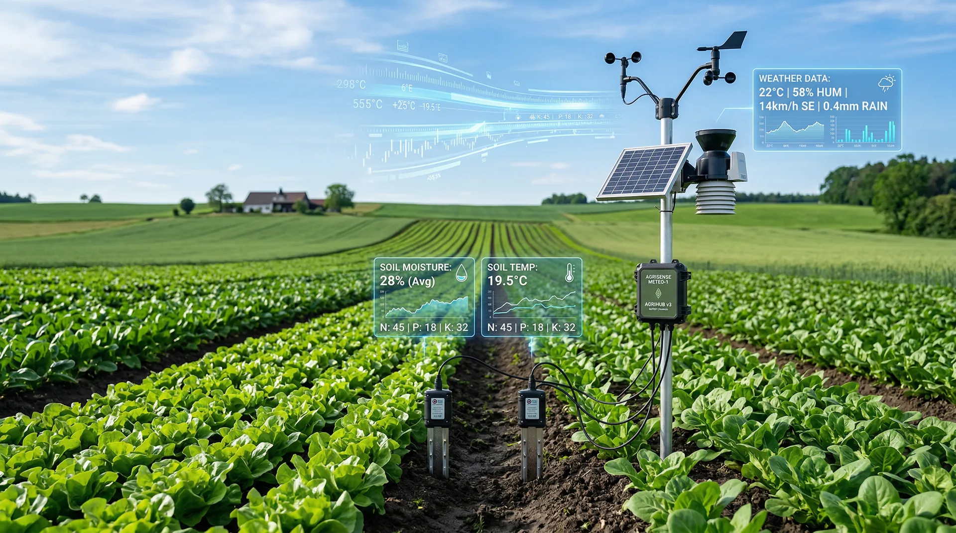 Wheat field monitored by soil sensors